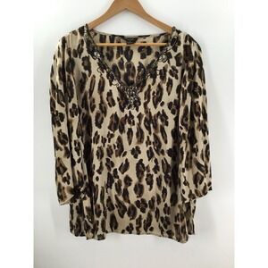 Sunny Taylor Women 1X Leopard Animal Print Blouse Embellished Neck Boho Top GG13